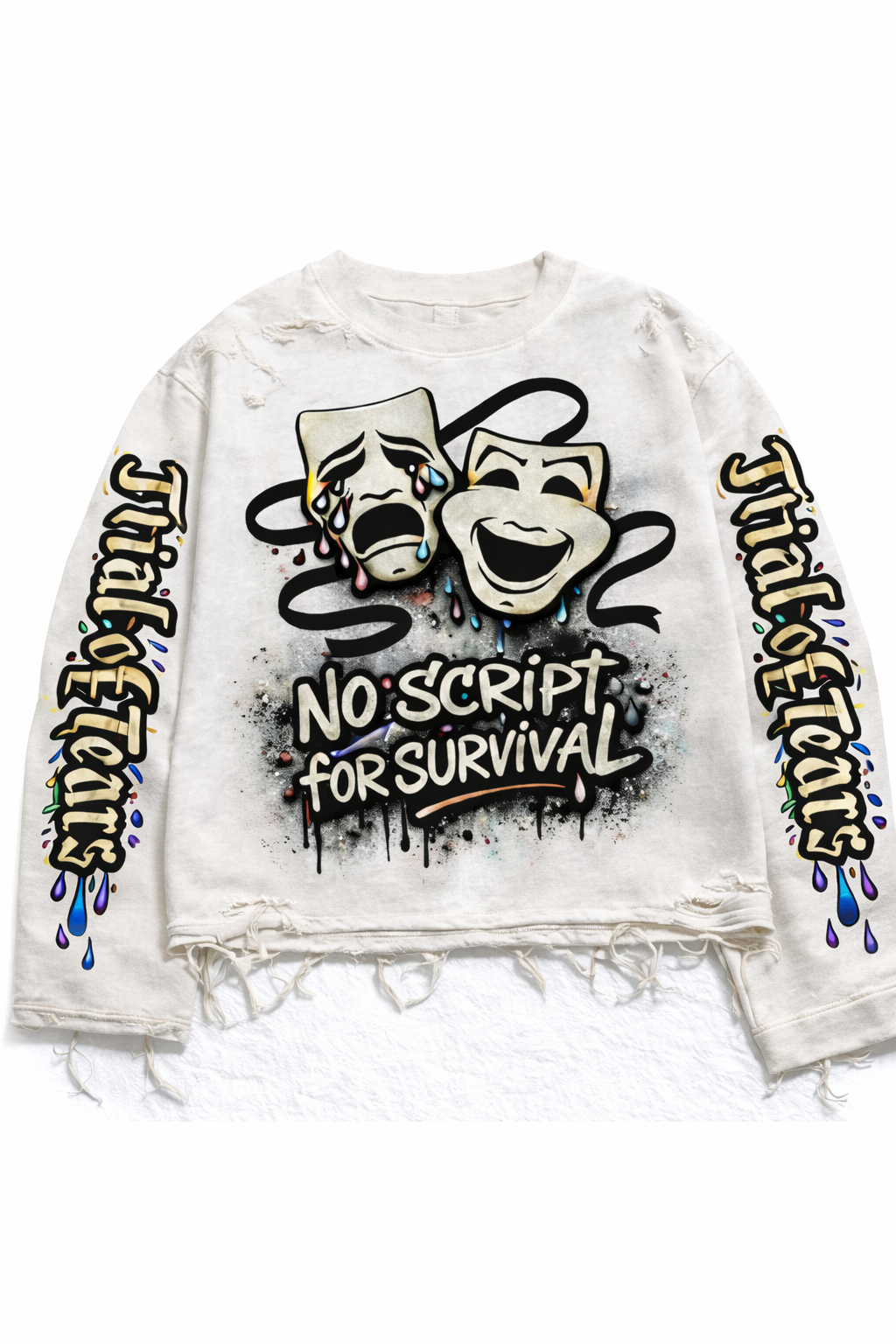 Drama No Script for Survival – Distressed Crewneck (White)